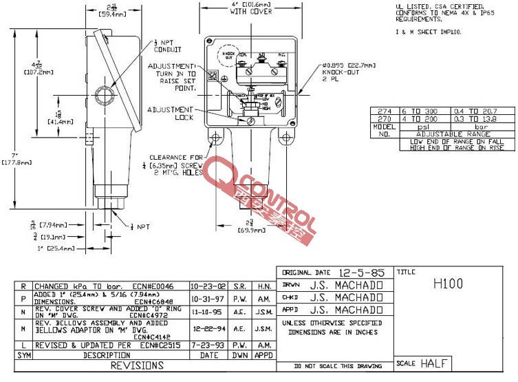 H100-270 H100-274美国UE开关的安装尺寸