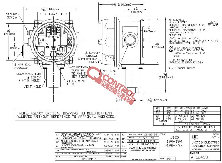 P/N:J120-190UE开关美国UE防爆压力控制器UE陕西